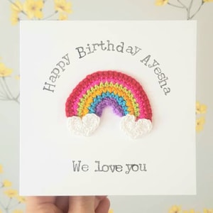 Personalisierte handgemachte Regenbogen häkeln Regenbogen Geburtstagskarte, Regenbogen gut erhalten Karte, Regenbogen Kinder Geburtstagskarte, St. Patricks Tageskarte