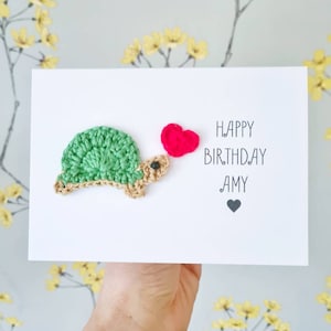 Personalisierte handgemachte Tortoise häkeln Karte, individuelle Geburtstagskarte, Papa Geburtstagskarte, Vatertagskarte, Tortoise Valentinskarte