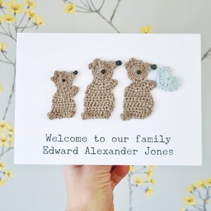 Carta per bambini orso personalizzata fatta a mano, nuova carta per bambini, carta per bambini personalizzata, carta per bambini all'uncinetto, carta per il bagnetto, carta per bambini tre orsi