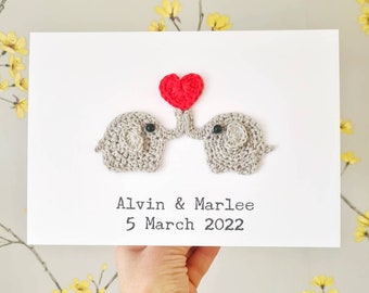 Personalised Anniversary Elephant Crochet Card, Elephant Wedding Card, Valentine Elephant Card, Elephant Lover Card, Quirky Anniversary Card