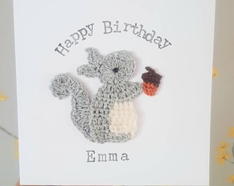 Personalised Handmade Crochet Squirrel & Acorn Greeting Card,  Special Birthday Card,Cute Birthday Card, Squirrel Card,