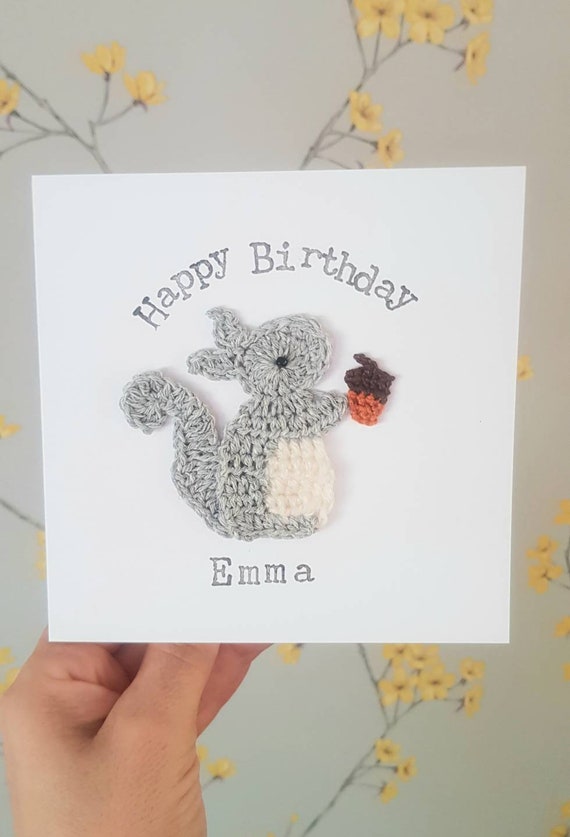 Personalised Handmade Crochet Squirrel & Acorn Greeting Card,  Special Birthday Card,Cute Birthday Card, Squirrel Card,