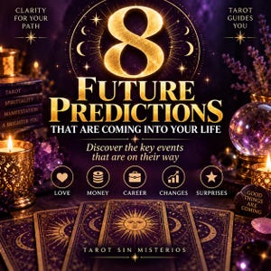 Peut inclure: Un graphique violet et doré avec le texte 8 FUTURE PREDICTIONS THAT ARE COMING INTO YOUR LIFE, CLARITY FOR YOUR PATH, TAROT GUIDES YOU et TAROT SIN MISTERIOS. Il comprend des icônes pour l'amour, l'argent, la carrière, les changements et les surprises.