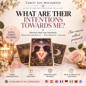 Peut inclure: Une publicité pour une lecture Tarot Sin Misterios avec la carte des Amoureux au centre, entourée de texte dont What Are Their Intentions Towards Me?, une bougie allumée, un cristal rose et une rose, avec des icônes de service confidentiel.