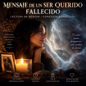 Pode incluir: Um gráfico digital apresentando uma pessoa olhando para uma figura espiritual etérea e brilhante. O texto inclui "MENSAJE DE UN SER QUERIDO FALLECIDO", "LECTURA DE MÉDIUM", "CONEXIÓN ESPIRITUAL", "MENSAJES RESPUESTAS SEÑALES PAZ AMOR" e "El amor nunca desaparece... solo cambia de forma".