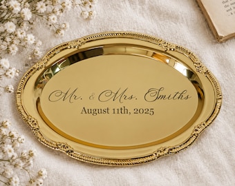 Custom Engraved Vanity Tray, Personalized Oval Metal Ring Dish, Vintage Gold Silver Jewelry Plate, Mr & Mrs Wedding Keepsake, Gift for Her