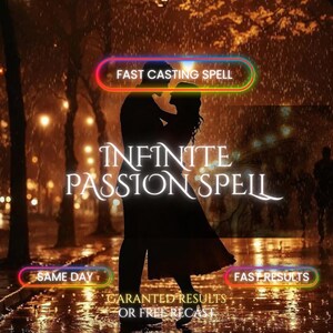 Könnte beinhalten: Eine digitale Grafik mit der Silhouette eines Paares, das sich nachts im Regen umarmt. Die Texte lauten FAST CASTING SPELL, INFINITE PASSION SPELL, SAME DAY, FAST RESULTS und GARANTED RESULTS. Die Szene wird von warmen Straßenlaternen beleuchtet.
