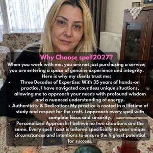 May include: A person with blonde hair sits behind a table with four tarot cards laid out. Text overlay reads: Why Choose spell2027? When you work with me, you are not just purchasing a service; you are entering a space of genuine experience and integrity.