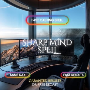 May include: A computer workstation with three monitors displaying a coastal landscape, a black keyboard, and a gaming chair. Text overlays read: FAST CASTING SPELL, SHARP MIND SPELL, SAME DAY, FAST RESULTS, and GARANTED RESULTS OR FREE RECAST.