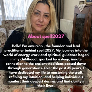 May include: A person with blonde hair wearing a black long-sleeved shirt sits at a table with tarot cards. Text overlay reads: About spell2027. Hello! I'm omurcan, the founder and lead practitioner behind spell2027. My journey into the world of energy work.