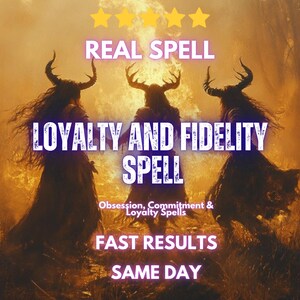 Puede incluir: Un gráfico digital con tres figuras con cuernos en silueta sobre un fondo naranja ardiente. El texto dice: REAL SPELL, LOYALTY AND FIDELITY SPELL, Obsession, Commitment & Loyalty Spells, FAST RESULTS, SAME DAY, con cinco estrellas amarillas arriba.