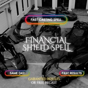 May include: A collection of black luxury sports cars parked in a driveway with text overlays reading FAST CASTING SPELL, FINANCIAL SHIELD SPELL, SAME DAY, FAST RESULTS, and GARANTED RESULTS OR FREE RECAST in white and colourful glowing borders.