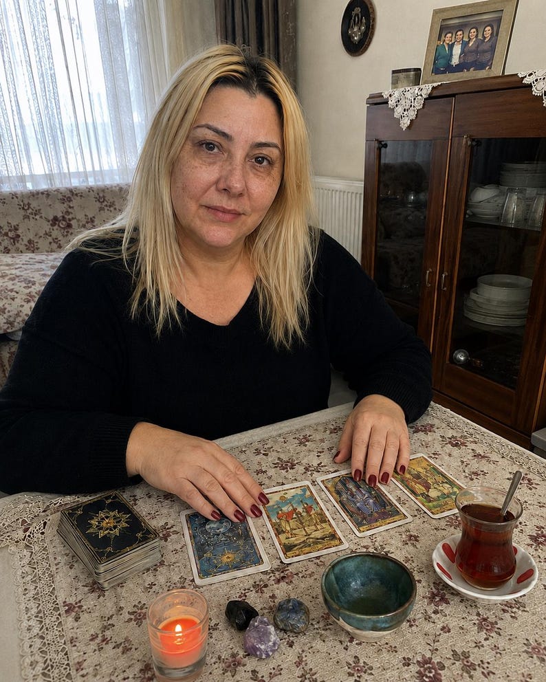 May include: A person with blonde hair wearing a black long-sleeved shirt sits at a table with a deck of tarot cards, three laid-out cards, a small lit candle in a glass holder, three small polished stones, a ceramic bowl, and a glass of tea.