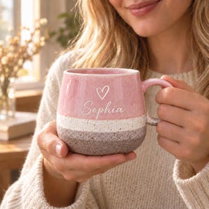 Personalized Reactive Glaze Ceramic Mug, Custom Engraved Name Pottery Coffee Cup, Two Tone Handmade Mug, Bridesmaid Gift, Christmas Gift