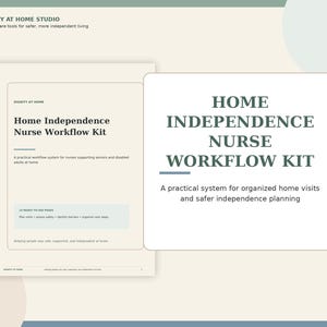 Peut inclure: Un kit de flux de travail pour infirmiers sur l'indépendance à domicile, présenté sur un fond crème avec du texte vert foncé. La couverture affiche le titre, une description du système et une mention de 13 pages prêtes à l'emploi pour les visites.