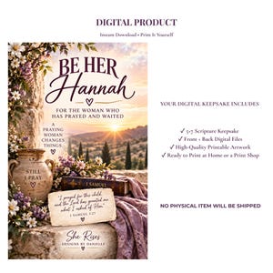 May include: A digital print featuring a sunset landscape with a stone vase labeled STILL I PRAY, a Bible labeled 1 SAMUEL, and a paper note with the text I prayed for this child, and the Lord has granted me what I asked of Him. 1 SAMUEL 1:27.