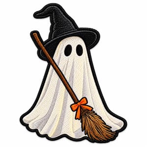 May include: An embroidered patch featuring a white ghost wearing a black witch hat. The ghost holds a brown broomstick with a bright orange bow tied around the handle. The entire design is outlined in a thick black border on a white background.