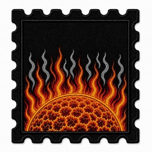 May include: A square patch with a perforated postage stamp edge featuring a textured, orange and red spherical sun-like object emitting tall, wavy flames in shades of yellow, orange, and white against a solid black background.