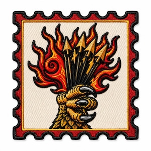 May include: A square embroidered patch shaped like a postage stamp with a cream-colored center. It features a yellow bird claw clutching a bundle of gold-tipped arrows surrounded by stylized red and orange flames with a black border.
