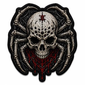 May include: An embroidered patch featuring a central human skull with eight dark eyes, integrated with spider legs extending outward. The design includes a red symbol on the forehead, a red web pattern dripping below the jaw, and black background.