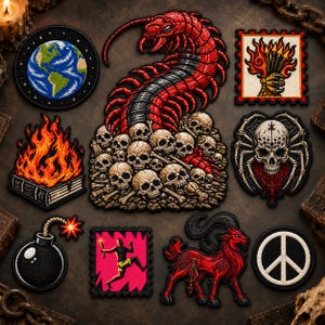 May include: A collection of embroidered patches featuring a red centipede on a pile of skulls, a burning book, a globe, a claw holding arrows, a spider skull, a bomb, a figure with a torch, a red goat, and a white peace sign on a black circle.