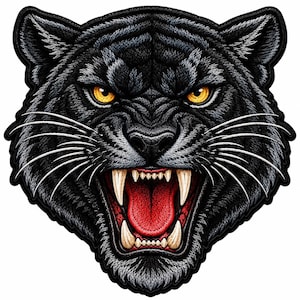 May include: An embroidered patch featuring the head of a black panther with yellow eyes, white whiskers, and an open mouth showing sharp teeth and a red tongue. The design has a black border and detailed stitching throughout the fur.