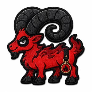 May include: An embroidered patch featuring a cartoon goat with bright red fur, large curved black horns, and a black collar with a circular pendant displaying a flame symbol. The goat has a stern expression, black hooves, and a flame-like tail.