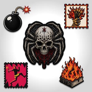 May include: A collection of five embroidered patches featuring a black bomb with a lit fuse, a central skull with spider legs, a stamp-shaped patch with a claw holding arrows in fire, a running figure on a pink background, and a burning book.