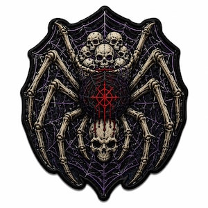 May include: A shield-shaped embroidered patch featuring a large spider with bone-like legs. The spider's body is a dark web pattern with a red symbol, surrounded by multiple beige skulls. A single skull hangs below the spider on a dark purple web background.