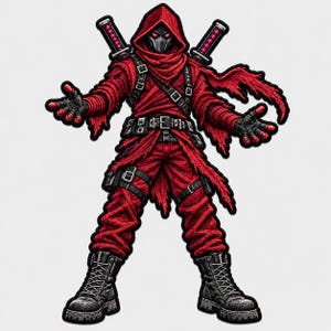 Könnte beinhalten: Ein detaillierter gestickter Aufnäher, der eine Kapuzenfigur in einem roten, zerfetzten, gewickelten Outfit mit schwarzen taktischen Gürteln und Riemen zeigt. Die Figur trägt eine dunkle Maske mit leuchtend rosa Augen, zwei Katanas und schwarze Stiefel.