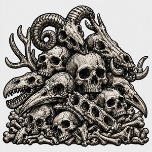 May include: A detailed black and white illustration of a large pile of assorted skulls and bones. The composition features human skulls, a ram skull with curved horns, a bird skull with a long beak, and various animal skeletal remains.