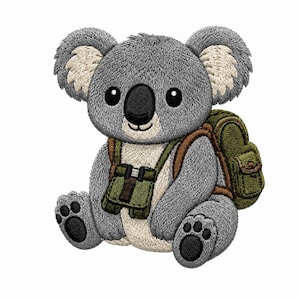 May include: An embroidered patch featuring a grey koala with white inner ears and a cream-coloured belly. The koala wears a green backpack and a pair of green binoculars around its neck, with black paw pads on its feet and a black nose.