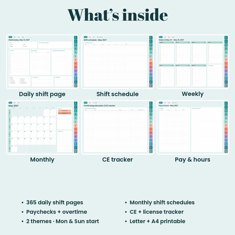 May include: A digital planner layout titled What's inside, featuring six templates: daily shift page, shift schedule, weekly view, monthly calendar, CE tracker, and pay & hours. Includes 365 daily pages, paycheck and overtime tracking, two themes, Monday and Sunday start options, and Letter or A4 printable formats.
