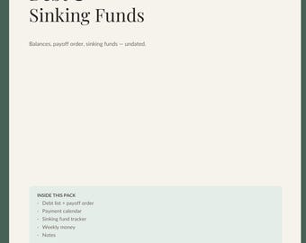 May include: A printable document titled Debt & Sinking Funds by Dayline Press. The page features sections for balances, payoff order, and sinking funds. It includes a list of contents: debt list, payment calendar, sinking fund tracker, weekly money, and notes.