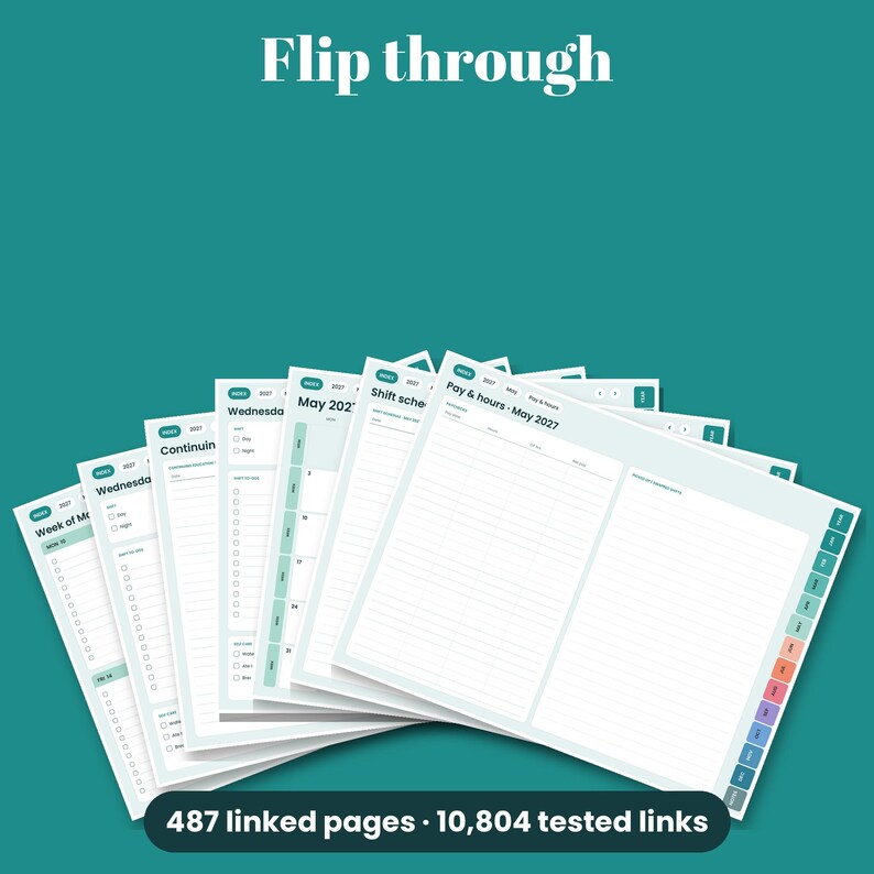 May include: A digital planner with multiple overlapping pages fanned out, featuring tabs on the side and headers like "Flip through", "Pay & hours - May 2027", and "487 linked pages &middot; 10,804 tested links" printed in white text.