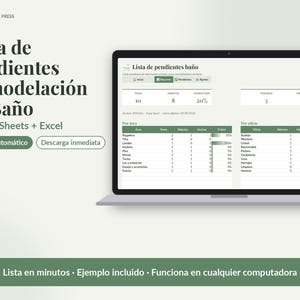May include: A digital bathroom remodeling task list template for Google Sheets and Excel displayed on a laptop screen. The interface features a dashboard with progress bars, task counts, and category breakdowns for bathroom renovation projects.