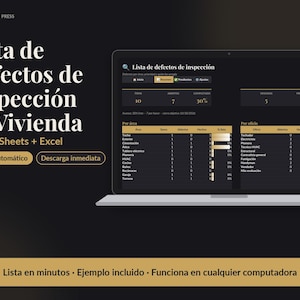 May include: A digital home inspection defect list template for Google Sheets and Excel displayed on a laptop screen. The interface features a dark theme with gold text, showing inspection categories, status metrics, and progress bars.