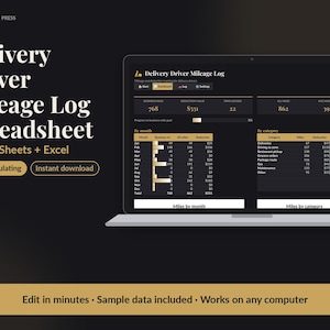 May include: A digital delivery driver mileage log spreadsheet for Google Sheets and Excel displayed on a laptop screen. The interface features dark themes with gold accents, showing monthly and category-based mileage tracking data.