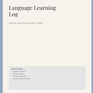 Puede incluir: Un documento imprimible Language Learning Log con fondo crema y borde azul. El texto dice Dayline Press, Language Learning Log, Study plan, vocab, practice, streaks - undated, y enumera contenidos como weekly study plan.