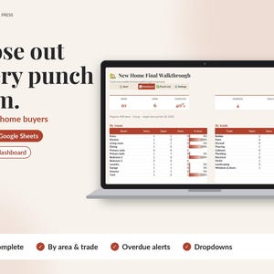 May include: A laptop screen displays a New Home Final Walkthrough progress dashboard with tables organised by room and trade. Text includes Dayline Press, Close out every punch item, For new home buyers, Excel, Google Sheets, and feature labels.