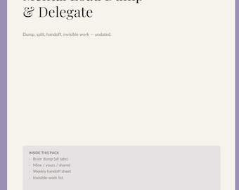 May include: A printable document titled Mental Load Dump & Delegate by Dayline Press. The page features sections for brain dump, mine, yours, shared, weekly handoff, and invisible-work lists. It is formatted for US Letter size with a hole-punch margin.