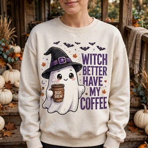Halloween-outfit för kvinnor | Häx- och kaffespöketröja för läskiga säsonger | Boo Brew-tröjaidé för höstfester