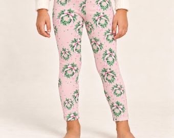 Girls Pink Christmas Leggings with Wreaths and Bows, Watercolor Holiday Pants for Kids, Christmas Party Outfit