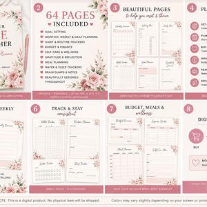 Könnte beinhalten: Ein digitales Planer-Set mit dem Titel Get Your Life Together, bestehend aus 64 Seiten mit Blumenmotiven. Enthält Vorlagen für Zielsetzung, monatliche, wöchentliche und tägliche Planung, Gewohnheits- und Routinen-Tracker sowie Budget- und Finanzplanung.