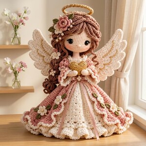 May include: A crocheted angel doll with brown yarn hair, a gold halo, and large white wings. The doll wears a pink and white dress adorned with small crocheted flowers and holds a small gold heart. The figure features a round face with black eyes.