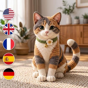 May include: A crocheted calico cat figurine featuring a tricolour pattern of white, orange, and dark grey yarn. The cat wears a green crocheted collar adorned with a small white flower and a tiny gold-coloured bell hanging from the centre.