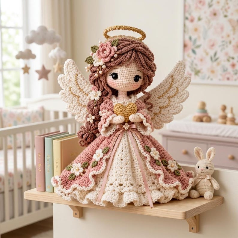 May include: A crocheted angel doll with brown yarn hair, a gold halo, and large white wings. The doll wears a dusty rose and cream dress adorned with small white flowers and holds a gold heart. A small crocheted rabbit sits beside it.