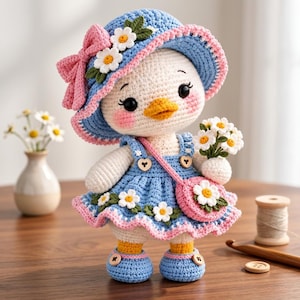 May include: A crocheted duck doll wearing a blue sun hat with a pink bow and white daisy appliqués, a blue overall dress with heart-shaped buttons and daisy accents, and blue shoes. The duck holds a small bouquet of white daisies in one wing.