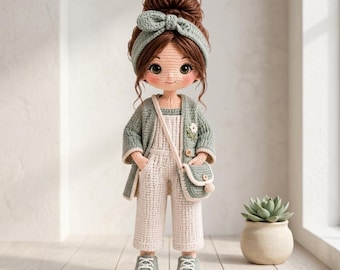 May include: A handcrafted crochet doll with brown hair styled in a high bun, wearing a sage green headband with a bow, a matching sage green cardigan, cream-colored overalls, and a small crossbody bag. The doll wears light green sneakers.