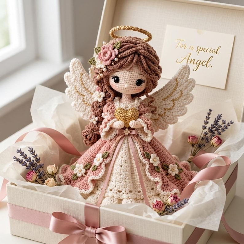 May include: A crocheted angel doll with brown hair, a gold halo, and white wings, wearing a pink and white dress adorned with small flowers. The doll holds a gold heart and is presented in a gift box with a card reading For a special Angel.